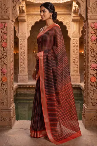 black chanderi striped printed ready to wear saree
