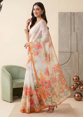 white linen floral bollywood digital print saree 2
