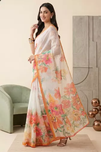 white linen floral bollywood digital print saree