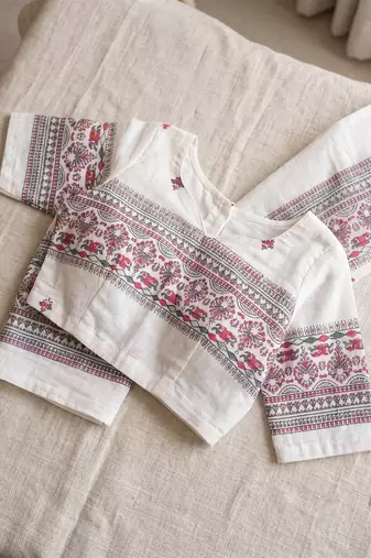 white chanderi block printed ready to wear saree