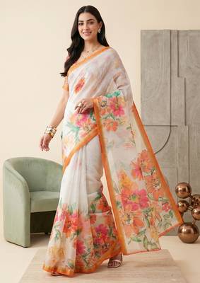 white linen floral bollywood digital print saree 3