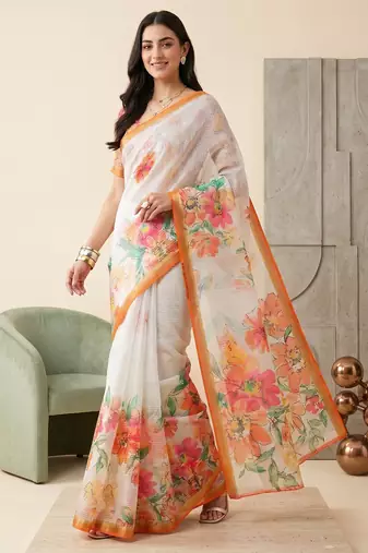 white linen floral bollywood digital print saree
