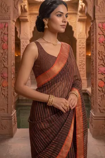 black chanderi striped printed ready to wear saree