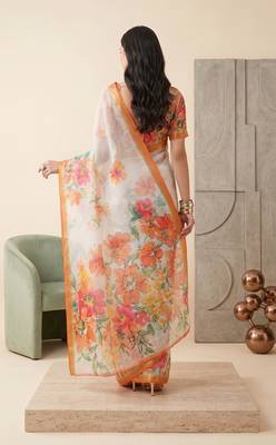 white linen floral bollywood digital print saree 4