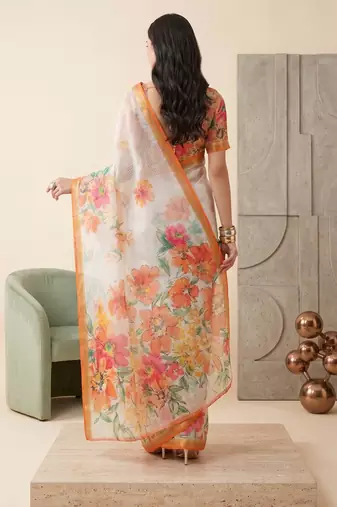 white linen floral bollywood digital print saree
