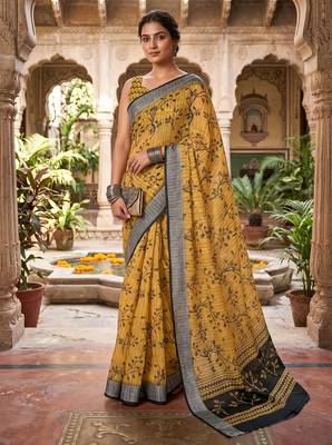 mustard yellow chanderi botanical printed ready to wear saree 1