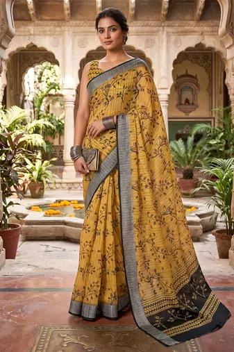 mustard yellow chanderi botanical printed ready to wear saree