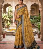 mustard yellow chanderi botanical printed ready to wear saree