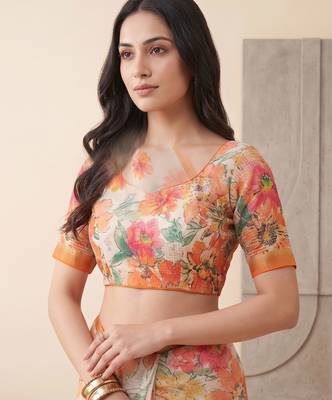 white linen floral bollywood digital print saree 5