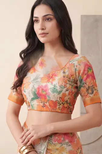 white linen floral bollywood digital print saree