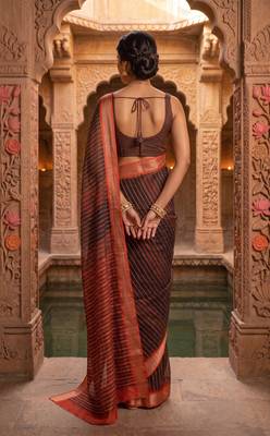 black chanderi striped printed ready to wear saree 4
