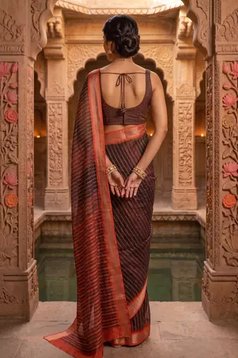 black chanderi striped printed ready to wear saree