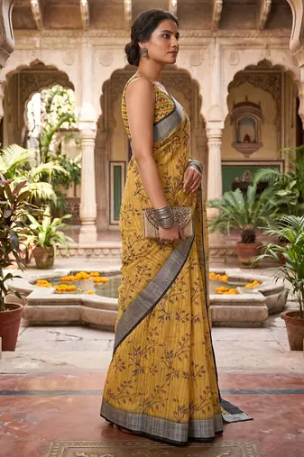 mustard yellow chanderi botanical printed ready to wear saree