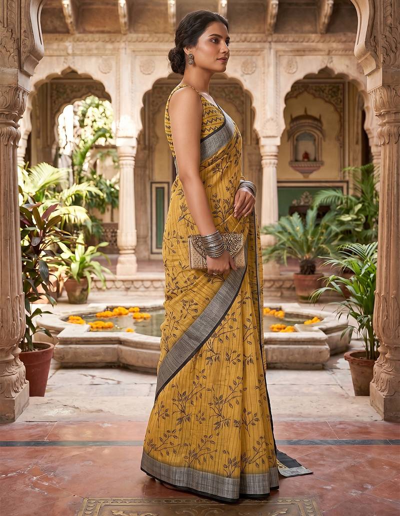 mustard yellow chanderi botanical printed ready to wear saree