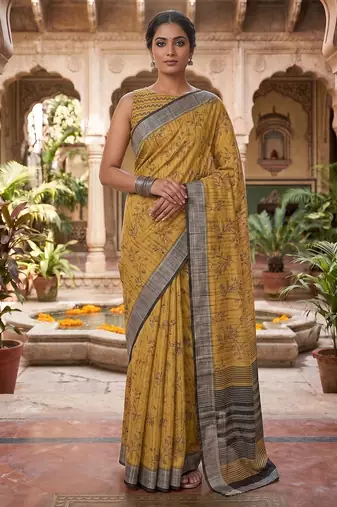 mustard yellow chanderi botanical printed ready to wear saree