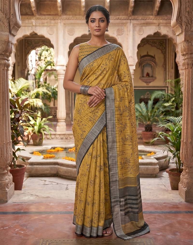 mustard yellow chanderi botanical printed ready to wear saree