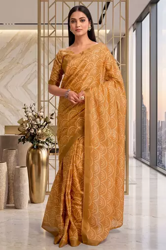 mustard gold chanderi digital printed ready to wear saree