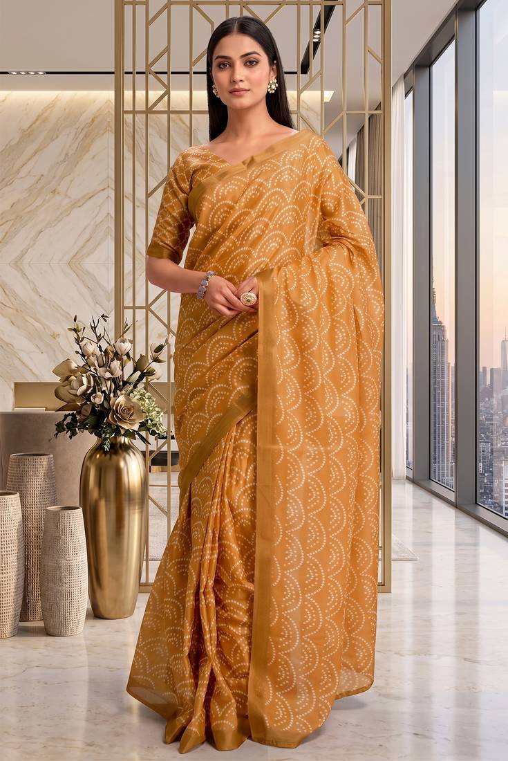 mustard gold chanderi digital printed ready to wear saree