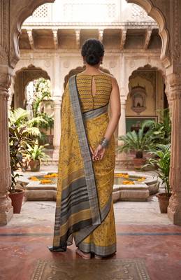 mustard yellow chanderi botanical printed ready to wear saree 4