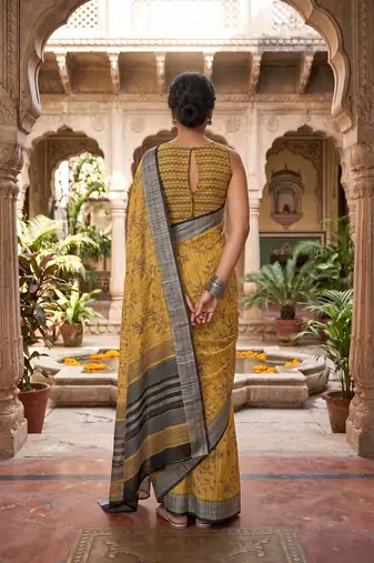 mustard yellow chanderi botanical printed ready to wear saree