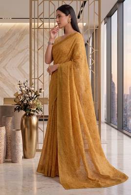 mustard gold chanderi digital printed ready to wear saree 3