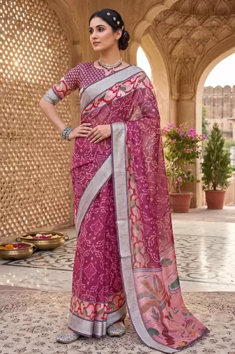 onion pink chanderi bandhani printed ready to wear saree
