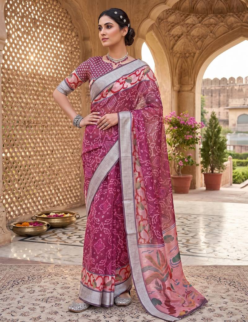 onion pink chanderi bandhani printed ready to wear saree