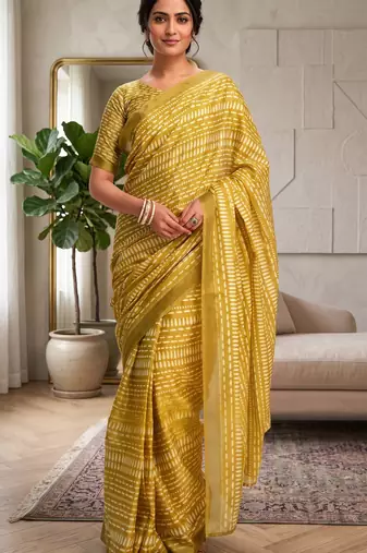 yellow chanderi digital printed ready to wear saree