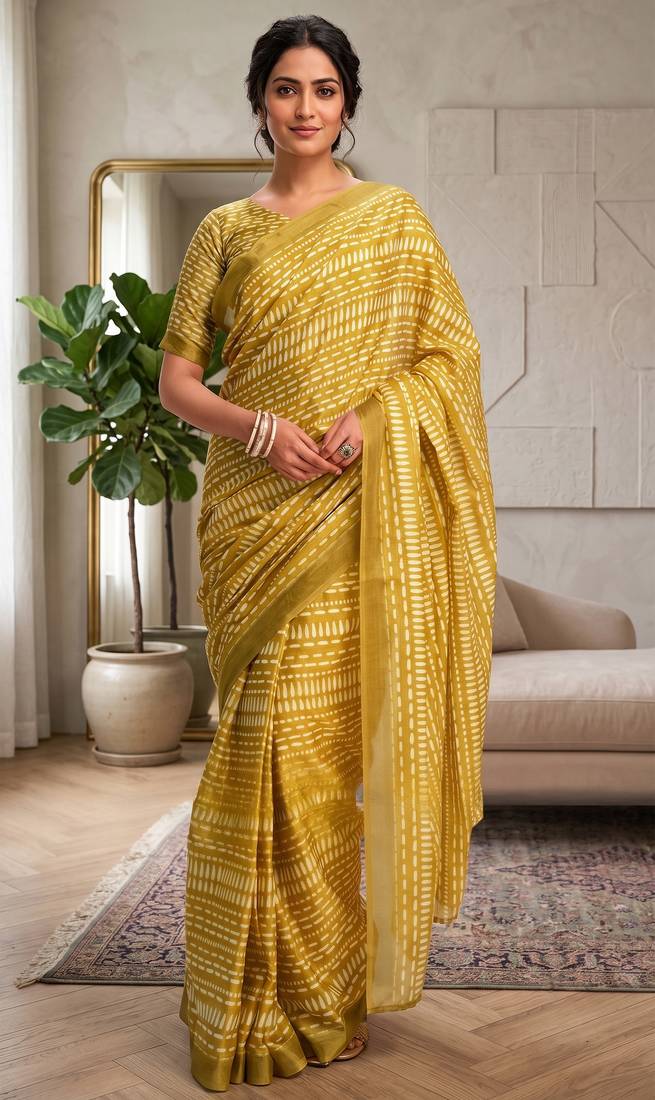yellow chanderi digital printed ready to wear saree