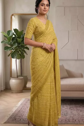 yellow chanderi digital printed ready to wear saree
