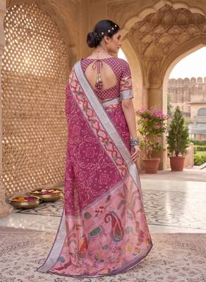 onion pink chanderi bandhani printed ready to wear saree 4