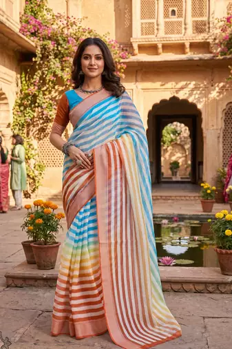 multicolor chanderi striped printed ready to wear saree