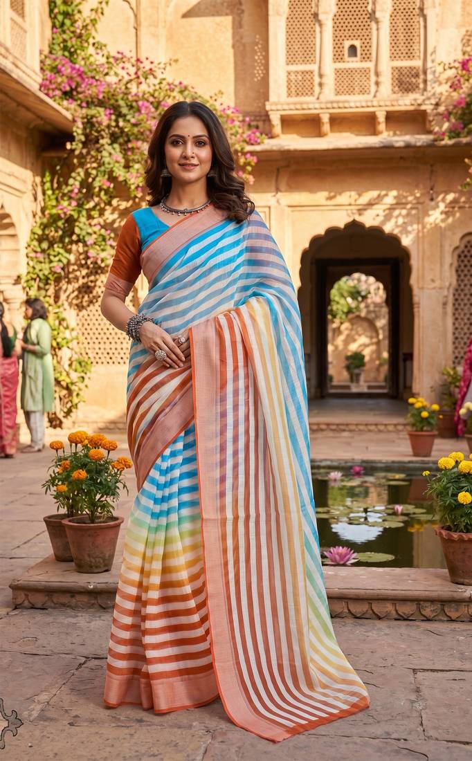 multicolor chanderi striped printed ready to wear saree