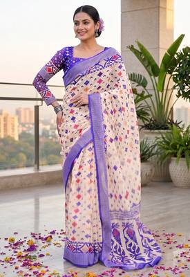 cream & purple chanderi geometric printed ready to wear saree 1