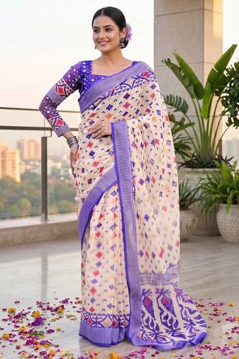 cream & purple chanderi geometric printed ready to wear saree