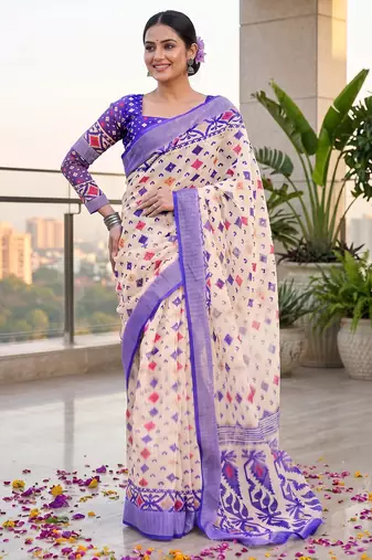 cream & purple chanderi geometric printed ready to wear saree