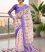 cream & purple chanderi geometric printed ready to wear saree