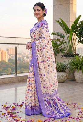 cream & purple chanderi geometric printed ready to wear saree 2