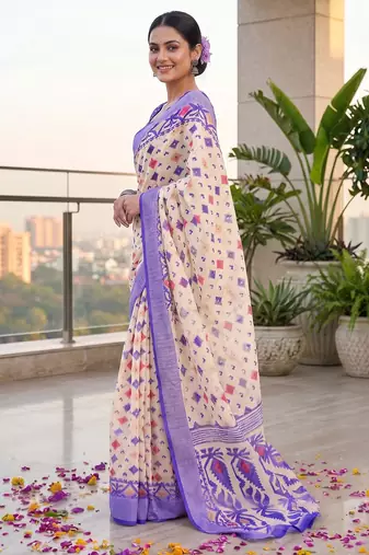 cream & purple chanderi geometric printed ready to wear saree