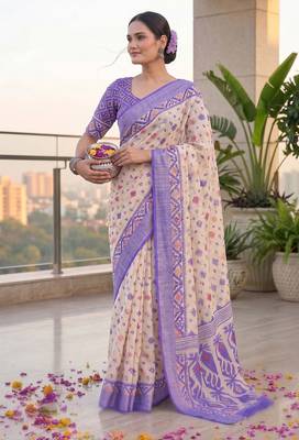 cream & purple chanderi geometric printed ready to wear saree 3