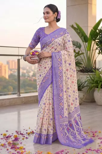 cream & purple chanderi geometric printed ready to wear saree