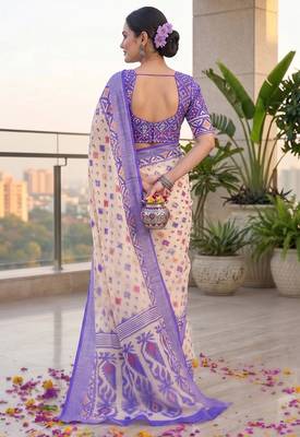 cream & purple chanderi geometric printed ready to wear saree 4