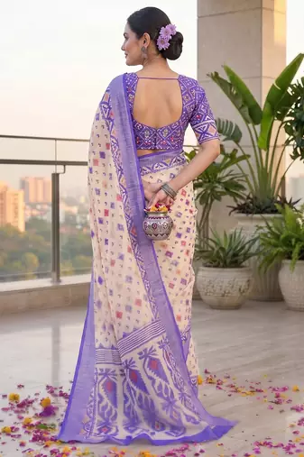 cream & purple chanderi geometric printed ready to wear saree