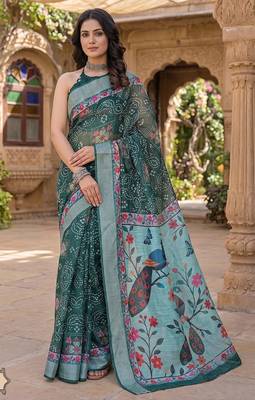 sea green chanderi bandhani printed ready to wear saree 1
