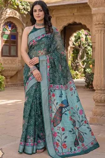sea green chanderi bandhani printed ready to wear saree