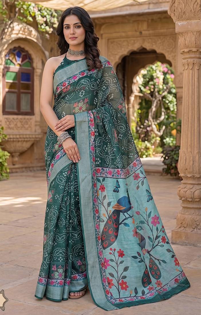 sea green chanderi bandhani printed ready to wear saree