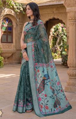 sea green chanderi bandhani printed ready to wear saree 2