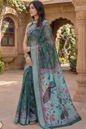 sea green chanderi bandhani printed ready to wear saree