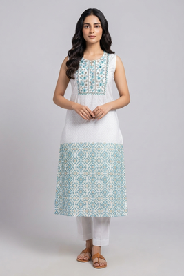 White and turquoise embroidered kurta set 1