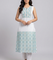 White and turquoise embroidered kurta set